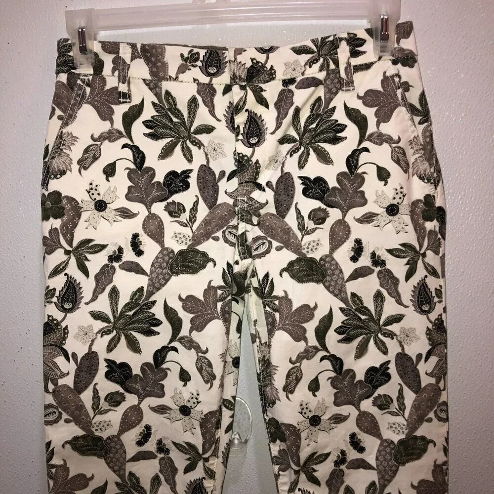 Tory Burch Size 25 White Beige Leaves Stretch Pockets Flat Front Chino Pants